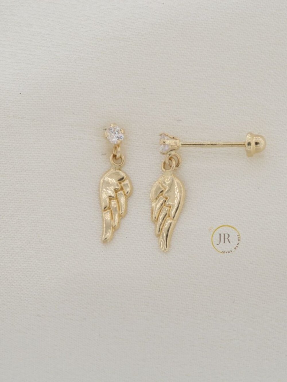 14K Solid Gold Angel Wing Dangle Earrings • Delicate Guardian Angel Drop Studs - Picture 2 of 4